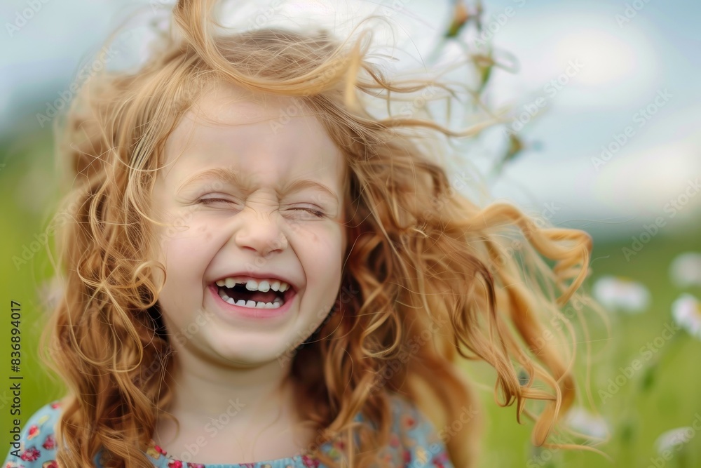 Young girl with wild, carefree, and genuine laughter enjoying the bright, sunny outdoors, expressing the innocence and joy of childhood in the natural, vibrant summer sunlight Young girl with wild, carefree, and genuine laughter enjoying the bright, sunny outdoors, expressing the innocence and joy of childhood in the natural, vibrant summer sunlight