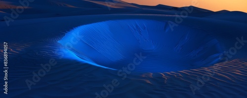 striking blue circular void in midst of desert sand dunes, showcasing the surreal contrast between the blue hole and the soft, rippled sand. The unusual scene creates a sense of mystery and intrigue