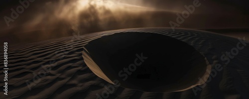striking black circular void in midst of desert sand dunes, showcasing the surreal contrast between the dark hole and the soft, rippled sand. The unusual scene creates a sense of mystery and intrigue