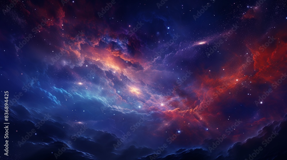 Naklejka premium Stunning cosmic landscape featuring vibrant nebula and twinkling stars in deep space. Perfect for astronomy, science, and universe themes.