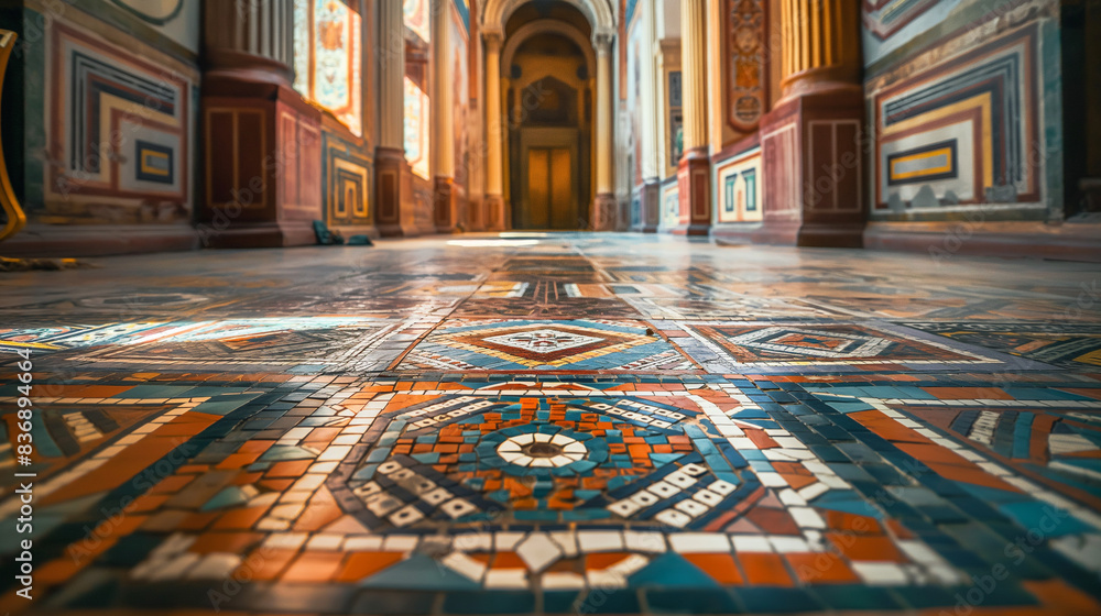 Obraz premium Beautiful mosaic floor in a historic building, showcasing detailed patterns and vibrant colors, with architectural elements in the background
