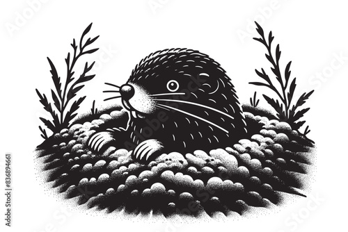 A cute little mole peeks out from a hole. vintage engraving illustration, icon, logo. isolated object. Print hand drawn