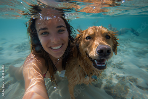 A woman taking a selfie while diving with her Golden Retriever dog. Concept of friendship between pets and people and sharing time together.