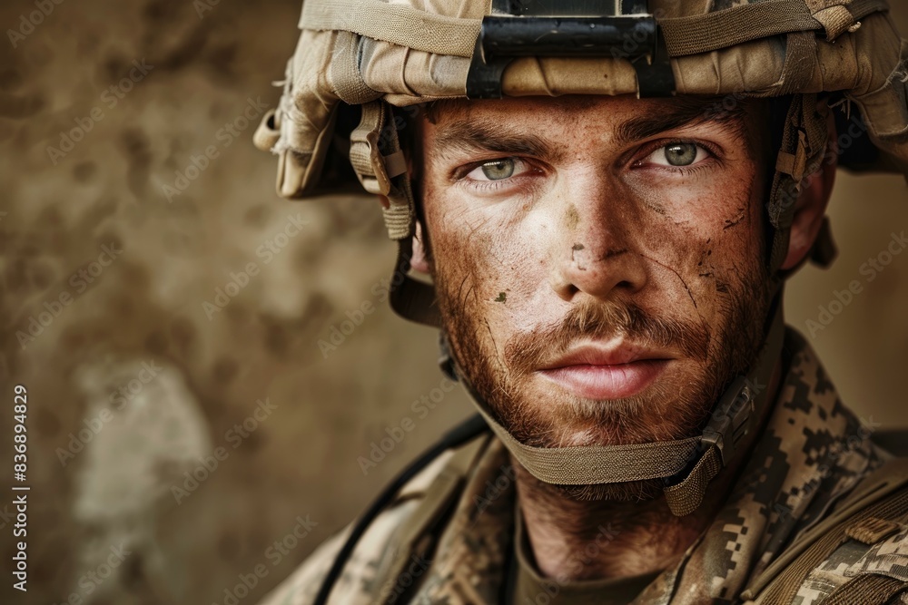 Closeup of a focused soldier with camouflage paint on his face, wearing military helmet Closeup of a focused soldier with camouflage paint on his face, wearing military helmet