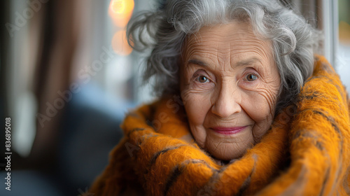 A close-up portrait of a senior woman with a warm smile and kind eyes. photo