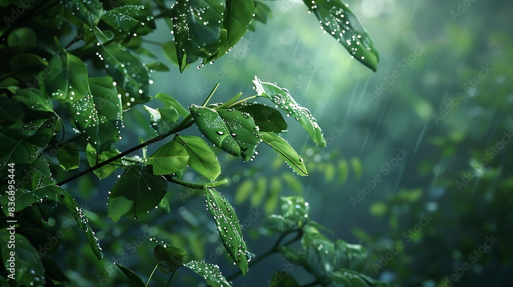 Young leaves covered in dew drops, surrounded by thick green forest. Young leaves covered in dew drops, surrounded by thick green forest.