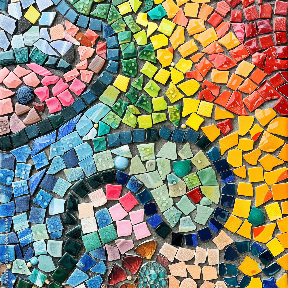 Close-up of multicolored mosaic tiles arranged in an intricate pattern, bright and saturated mosaic details Close-up of multicolored mosaic tiles arranged in an intricate pattern, bright and saturated mosaic details