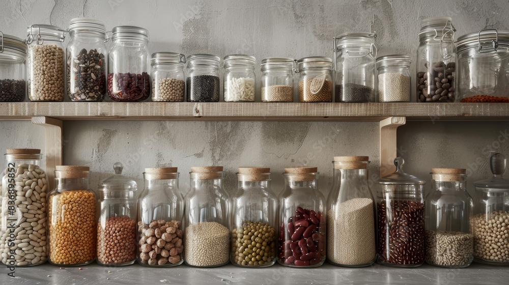 A serene still life of various dried beans arranged in glass jars generated by AI A serene still life of various dried beans arranged in glass jars generated by AI