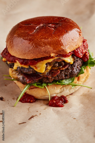 Double cheeseburger with tomato relish in a brioche bun