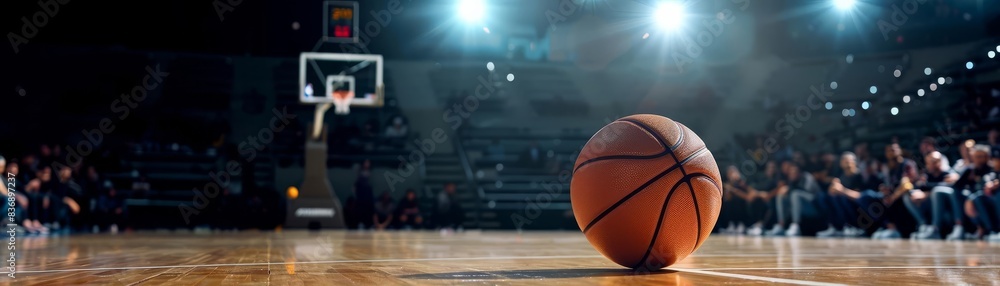 Intense sports scene, basketball poised on the court under bright lights with a crowd eagerly watching in the shadows Intense sports scene, basketball poised on the court under bright lights with a crowd eagerly watching in the shadows