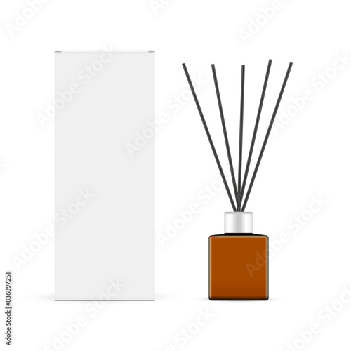 Diffuser Bottle With Black Aroma Sticks And Packaging Box Mockup, Isolated On White Background. Vector Illustration