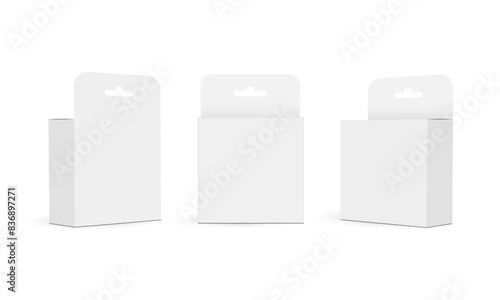 Packaging Boxes With Hanging Holes, Front, Side, Back Side View, Isolated On White Background. Vector Illustration