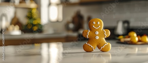Festive Gingerbread Cookie with Icing Against a Neutral Kitchen Counter Background