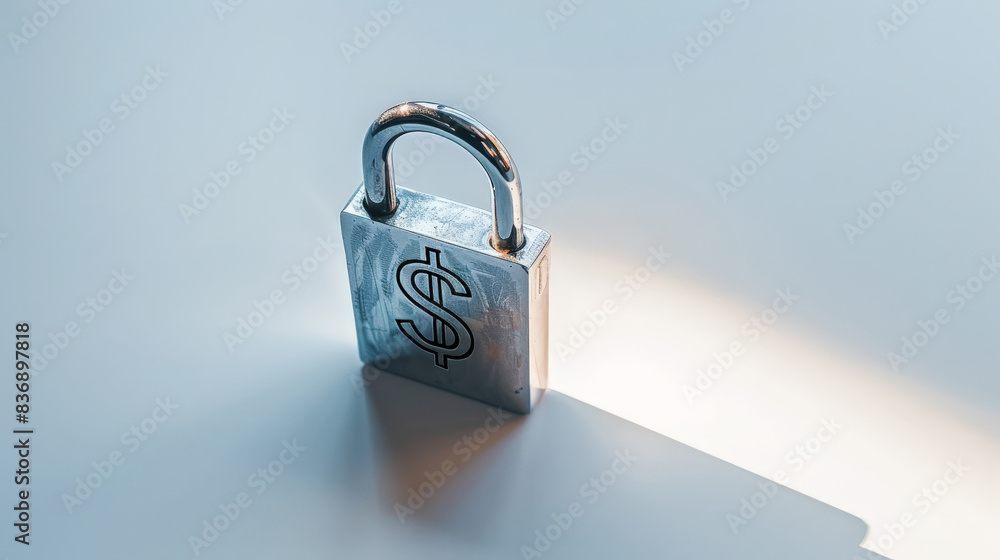 Naklejka premium Cadenas métallique avec symbole dollar sur fond clair avec ombre