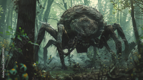 Scary giant spider in fantasy dark forest 