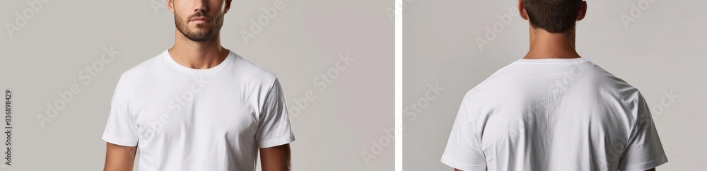 Fototapeta premium Modern apparel display, man wearing a classic white tshirt, both front and rear views, ideal for fashion catalogues