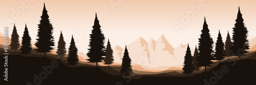 sunrise morning in the forest silhouette flat design vector illustration for background, banner, backdrop, tourism design, advertising and business