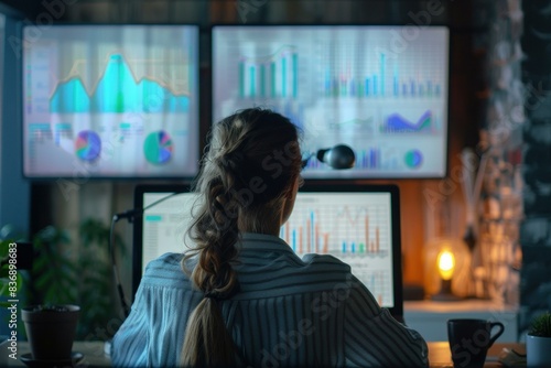 Back view of a person reviewing colorful graphs and charts on several monitors in a darkened office setting