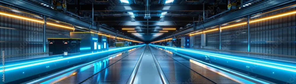 Modern automated warehouse interior, conveyor belts with smart technology and blue neon lights guiding the flow Modern automated warehouse interior, conveyor belts with smart technology and blue neon lights guiding the flow