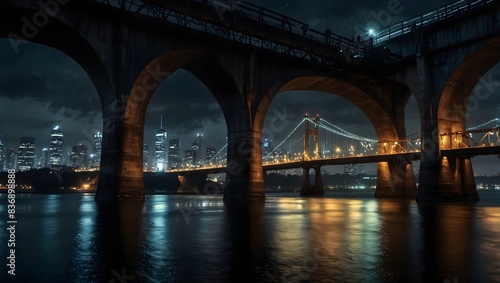 The chaos of a daring heist unfolding beneath the flickering lights of a bustling bridge at midnight ai_generated