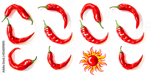 Vibrant Red Chili Peppers and Artistic Sun Illustration on White Background - Spicy Food Concept, Fresh Vegetables, Culinary Art, Hot Peppers, Kitchen Decor, Food Illustration, Digital Art