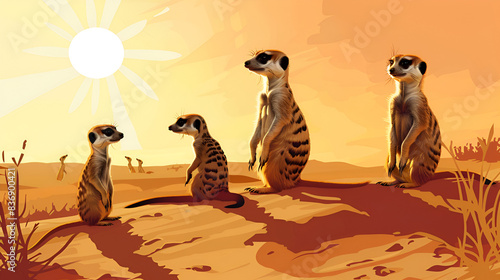 A group of meerkats are standing in the desert animals sunset background 