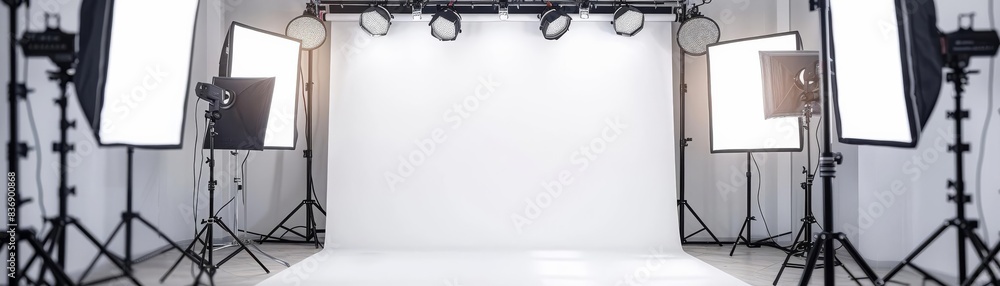 Professional Photography Setup A wellequipped photo studio with a seamless white backdrop and advanced lighting, ideal for capturing stunning model portfolios Professional Photography Setup A wellequipped photo studio with a seamless white backdrop and advanced lighting, ideal for capturing stunning model portfolios