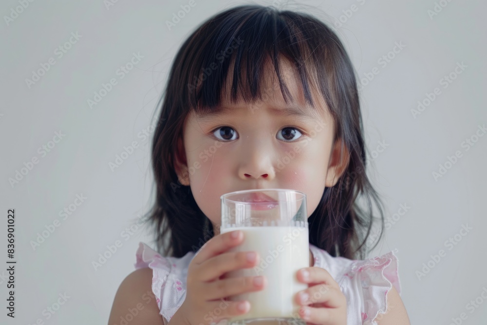 Asian girl 4 holding empty glass after drinking milk. Asian girl 4 holding empty glass after drinking milk.