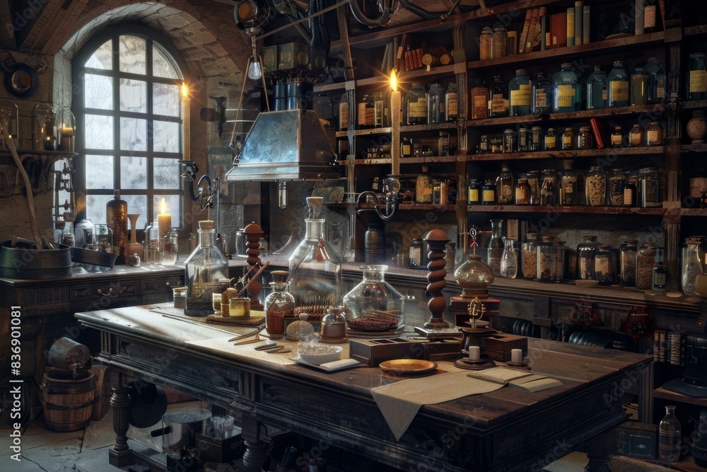Explore the mysterious and ancient vintage alchemist laboratory interior filled with historical glassware, old books, and arcane potions and bottles