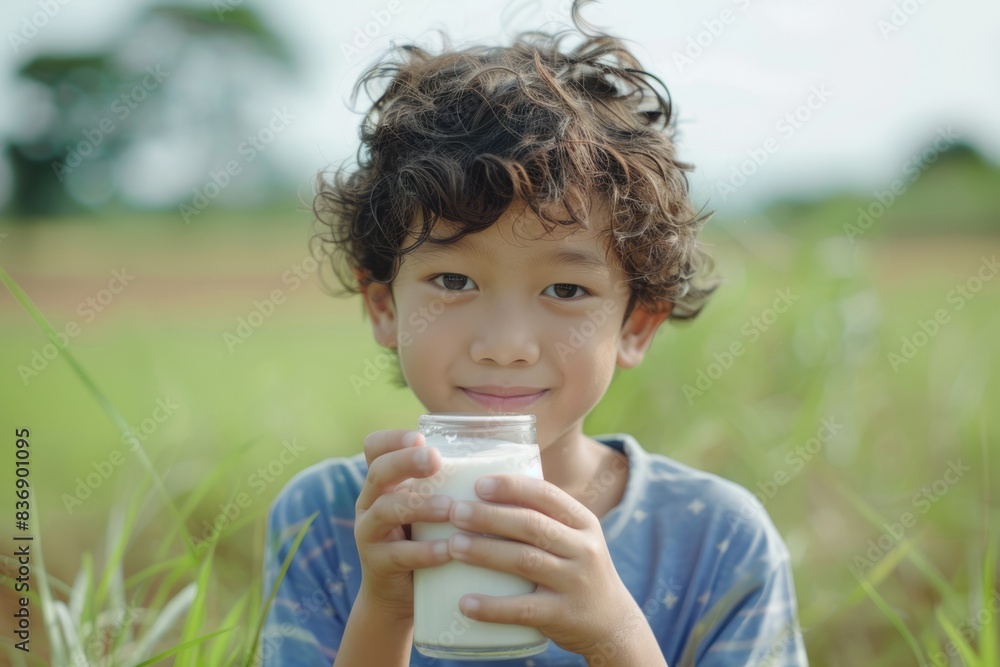 Asian boy drinks milk shows muscle strength. Asian boy drinks milk shows muscle strength.