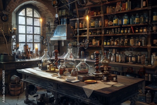 Explore the mysterious and ancient vintage alchemist laboratory interior filled with historical glassware, old books, and arcane potions and bottles