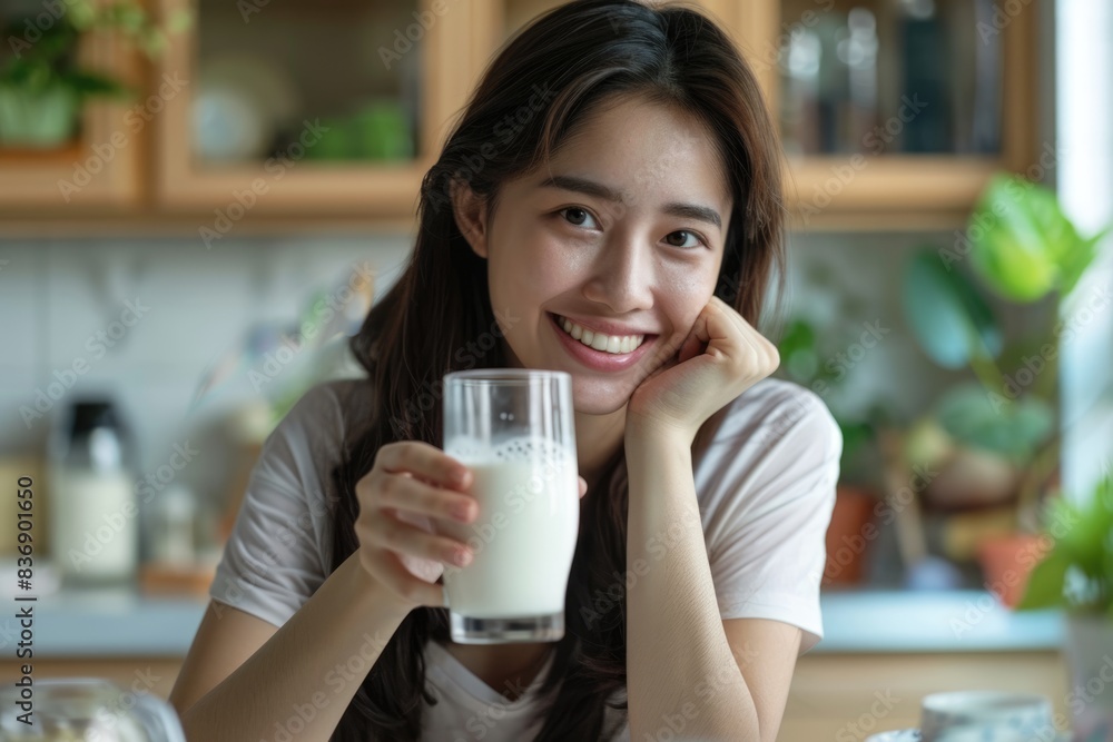Asian woman enjoys protein breakfast with milk for nutrition and health. Asian woman enjoys protein breakfast with milk for nutrition and health.