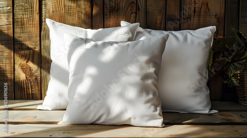 2 white square throw pillows mockup on wooden background, one in front of the other, product photography.