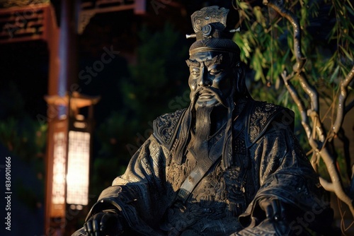 Illuminated bronze statue of a traditional chinese warrior against a night backdrop