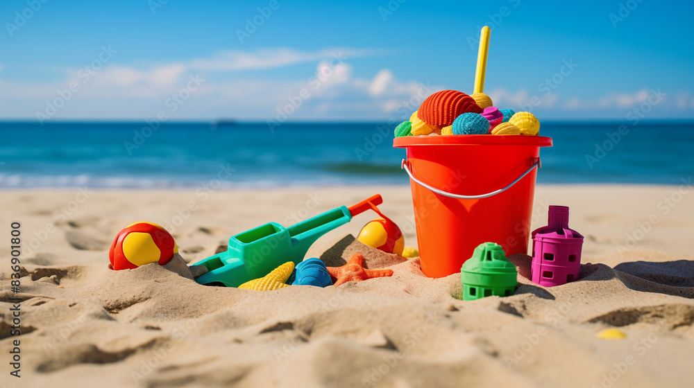 Jouets pour enfant, seau, pelle et râteau sur une plage. Sable, mer, océan. Jeux pour enfants, chateau de sable. Vacances, été, soleil, voyage. Famille, parents, enfants. Arrière-plan de flou. Jouets pour enfant, seau, pelle et râteau sur une plage. Sable, mer, océan. Jeux pour enfants, chateau de sable. Vacances, été, soleil, voyage. Famille, parents, enfants. Arrière-plan de flou.