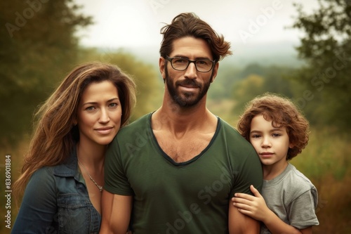 portrait of happy family standing at orchard