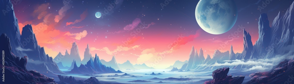 Stunning sci-fi landscape with towering alien mountains, twin moons, and a colorful sky at twilight. Perfect for fantasy and space themes. Stunning sci-fi landscape with towering alien mountains, twin moons, and a colorful sky at twilight. Perfect for fantasy and space themes.