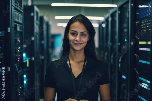 portrait of smiling female technician in server room