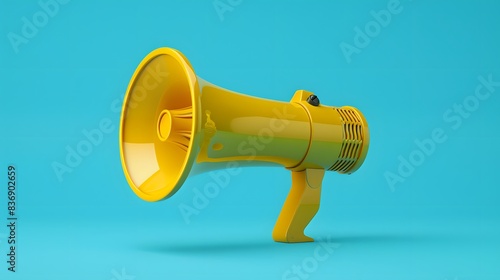 3D rendering of a yellow megaphone on a blue background. A simple flat illustration with soft shadows and no contrast. © horizon