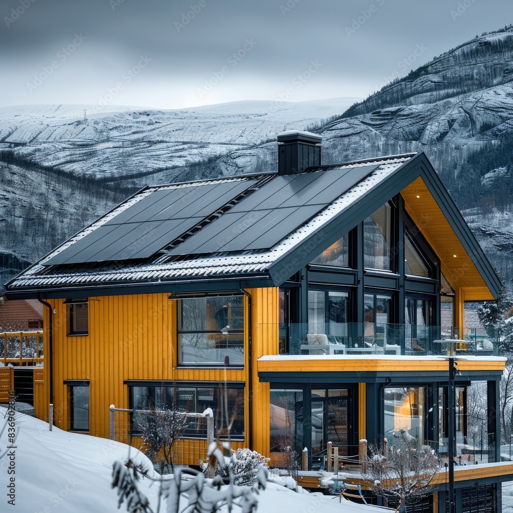 Closeup of Solar Panel on a Norwegian House: Harnessing Renewable Energy in a Scandinavian Setting