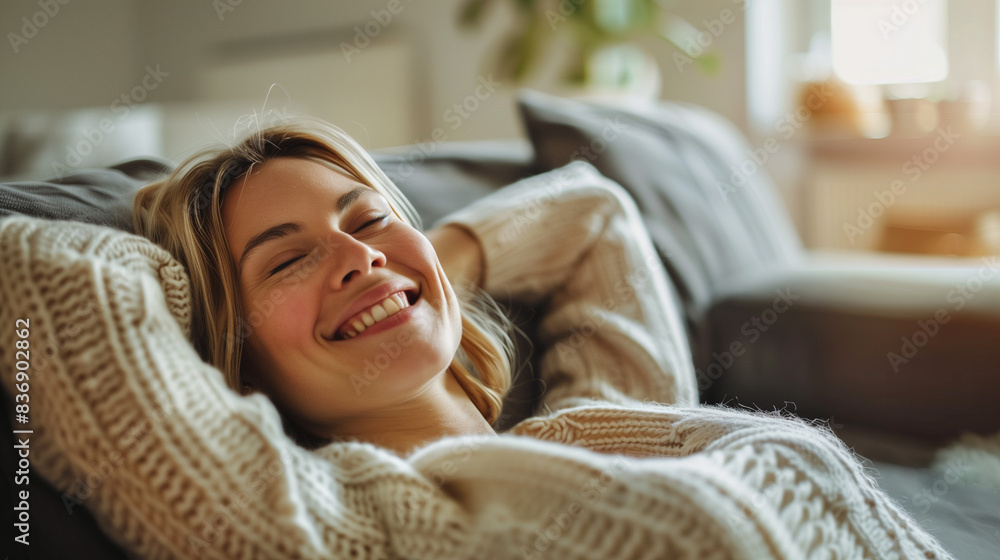 Young Caucasian Woman Laying Back on Comfortable Sofa and Relaxing in Modern Living Room Interior, Embracing Home Lifestyle and Tranquility Young Caucasian Woman Laying Back on Comfortable Sofa and Relaxing in Modern Living Room Interior, Embracing Home Lifestyle and Tranquility