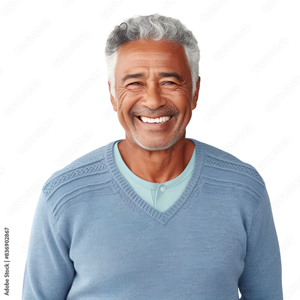 Front view mid shot of a 60-year-old handsome Polynesian man dressed in a muted sage green blazer over a white dress shirt and beige dress pants, smiling on a white transparent background Front view mid shot of a 60-year-old handsome Polynesian man dressed in a muted sage green blazer over a white dress shirt and beige dress pants, smiling on a white transparent background