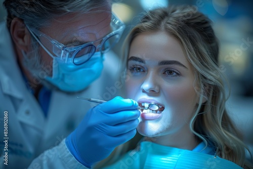 young dentist in blue uniform working at the patient