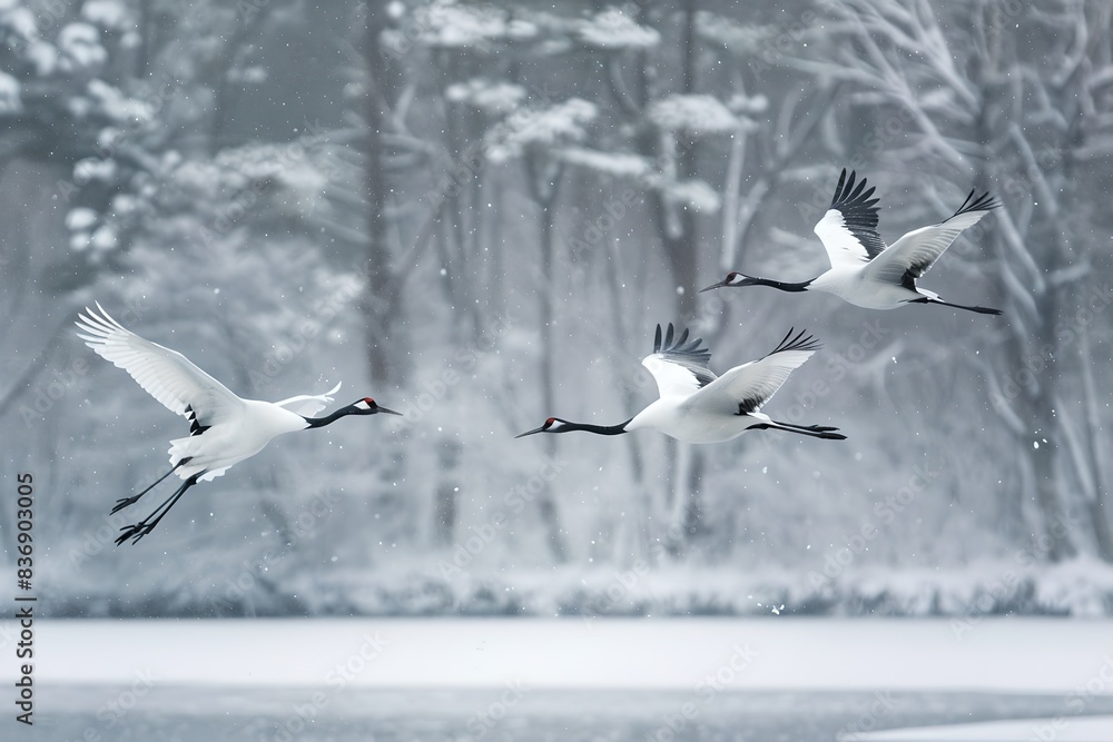 Elegant white cranes flying over a winter landscape. Stunning nature scene in a soft white color palette. Perfect for nature enthusiasts and wildlife lovers. Generative AI Elegant white cranes flying over a winter landscape. Stunning nature scene in a soft white color palette. Perfect for nature enthusiasts and wildlife lovers. Generative AI