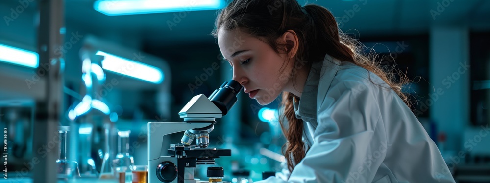 A female scientist in a white coat using a microscope at a lab desk, looking through the lens with laboratory equipment A female scientist in a white coat using a microscope at a lab desk, looking through the lens with laboratory equipment