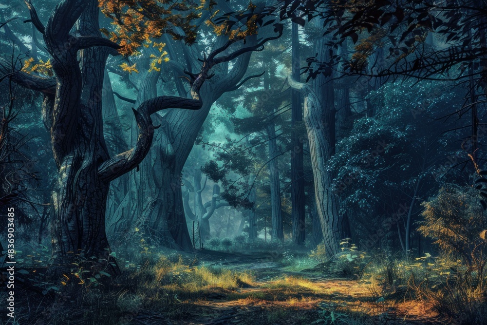 The enchanted twilight forest path, a mystical and magical trail through the serene and tranquil woods of nature. Perfect for hiking and photography in this mythical wonderland of wonder