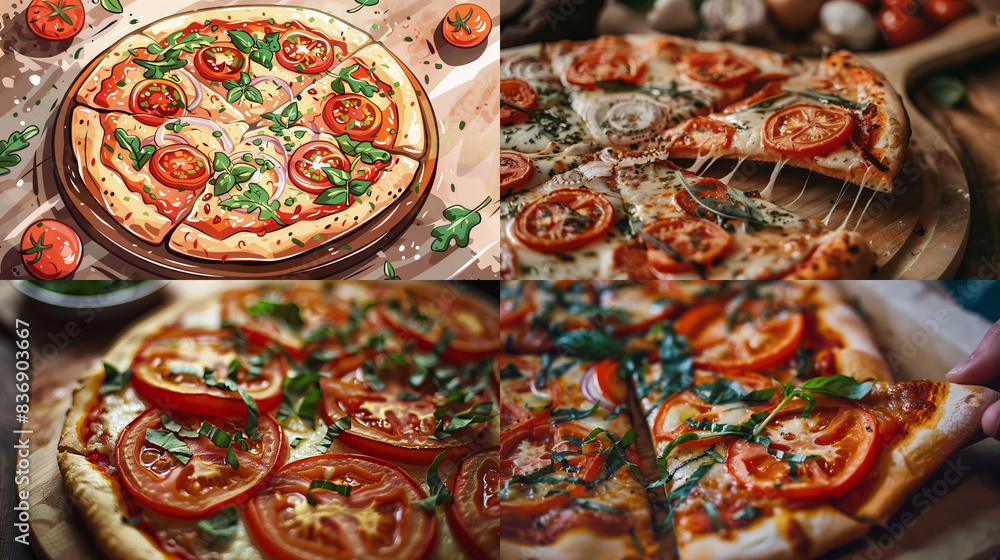 Freshly Baked Pizza With Tomato and Basil Toppings Freshly Baked Pizza With Tomato and Basil Toppings