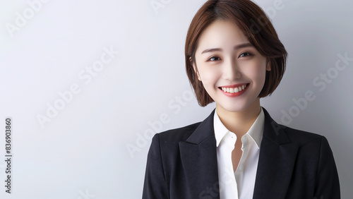 Young Asian woman in business suit with smiling expression, copy space, white background