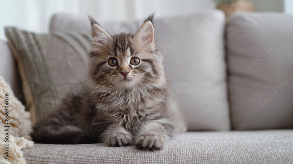 A charming kitten is sitting on the couch, looking curiously at the camera, with plenty of free space for text, in a bright and cozy living room. A charming kitten is sitting on the couch, looking curiously at the camera, with plenty of free space for text, in a bright and cozy living room.