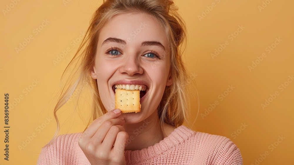 Handsome young blonde woman eating a cracker.